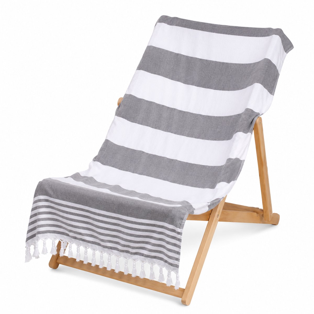 Tuinstoel Hoes Hooglehner 100x180cm - 100% Katoen - Badstof Strandstoelhoes met Kapuchon - Antislip Handdoek voor Tuinstoel en Camping - Grijs/Natuur
