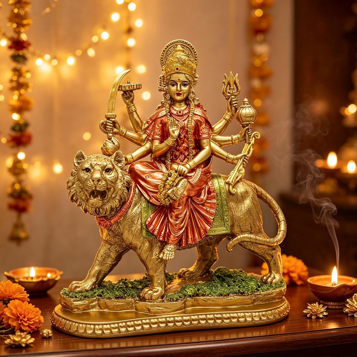 SnelShoppen - Hindu Godin Durga Standbeeld - Indiase Godin Durga op Tijger Beeldhouwwerk Decor - Eco-vriendelijk Poly Steen - Altijd een Geluk Brengen