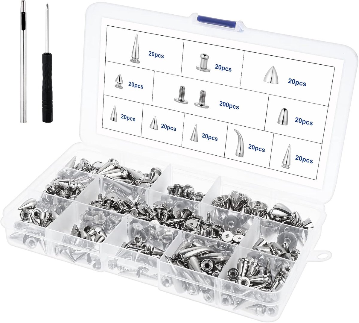 SnelShoppen - 200 sets spijkers met kegelvorm, 10 designs, metalen schroeven, punk rivets met ponsgereedschap voor DIY leren ambachten, accessoires, k