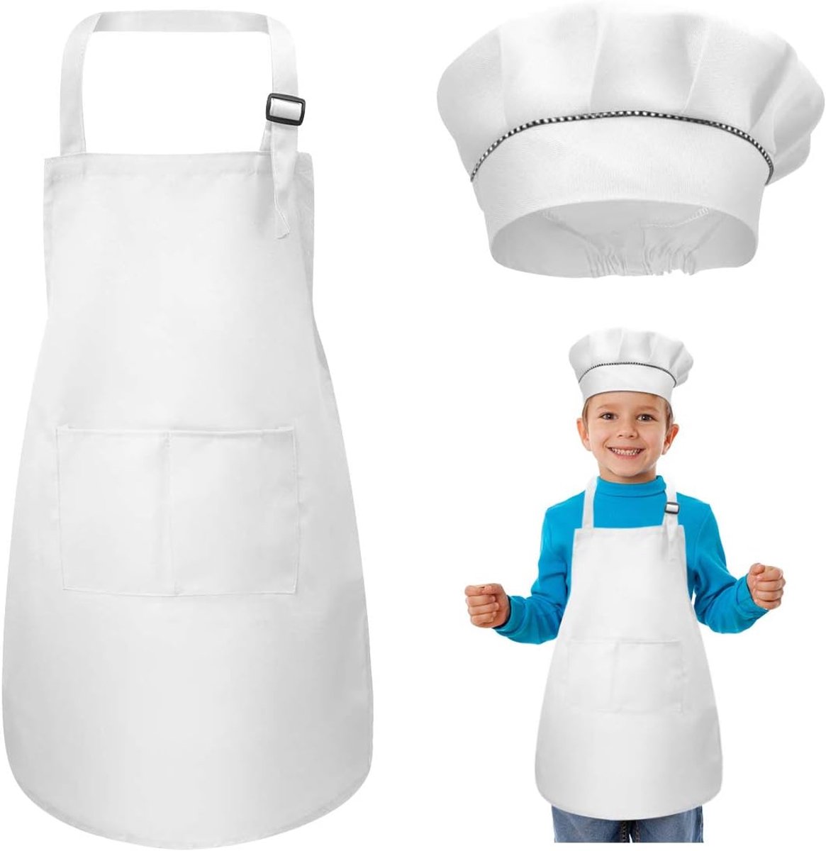 WEONE Kids Apron and Chef Hat Set, Adjustable Kitchen Apron with 2 Pockets for Girls and Boys Toddler Chef Apron for - ShopVlot