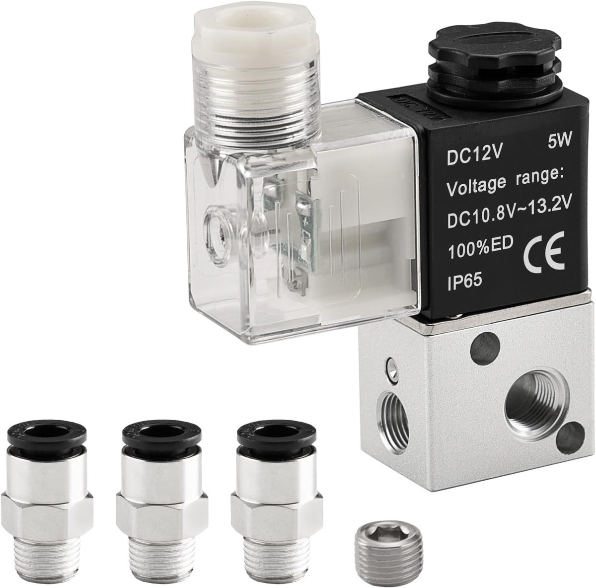 SnelShoppen - Pneumatische Solenoid Ventiel 3/2 Weg Normaal Gesloten 12V DC PT1/8 Voorluchtbeheersing - Inclusief Aansluitingen en Afvoer