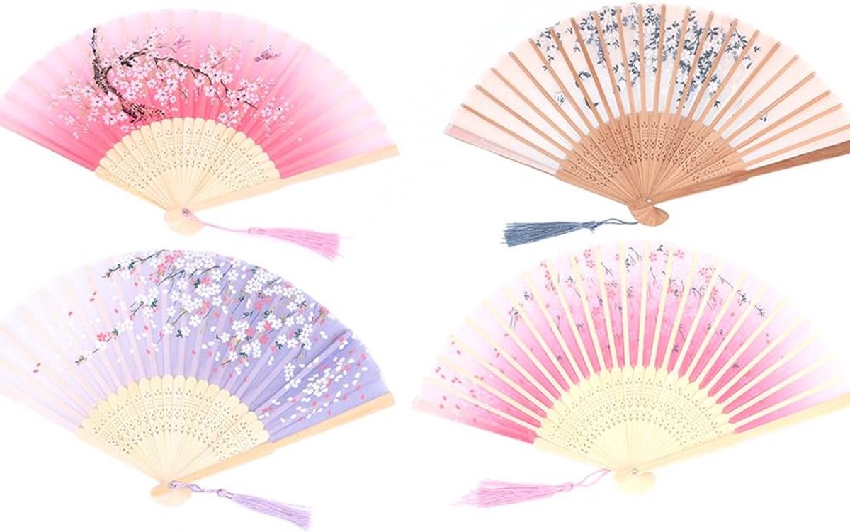 SnelShoppen - 4 Stuks Vouwbare Handfans - Bamboefans met Kwastje - Uitsneden - Decoratie voor Aan de Wand - Perfect als Cadeau voor Feesten en Eveneme