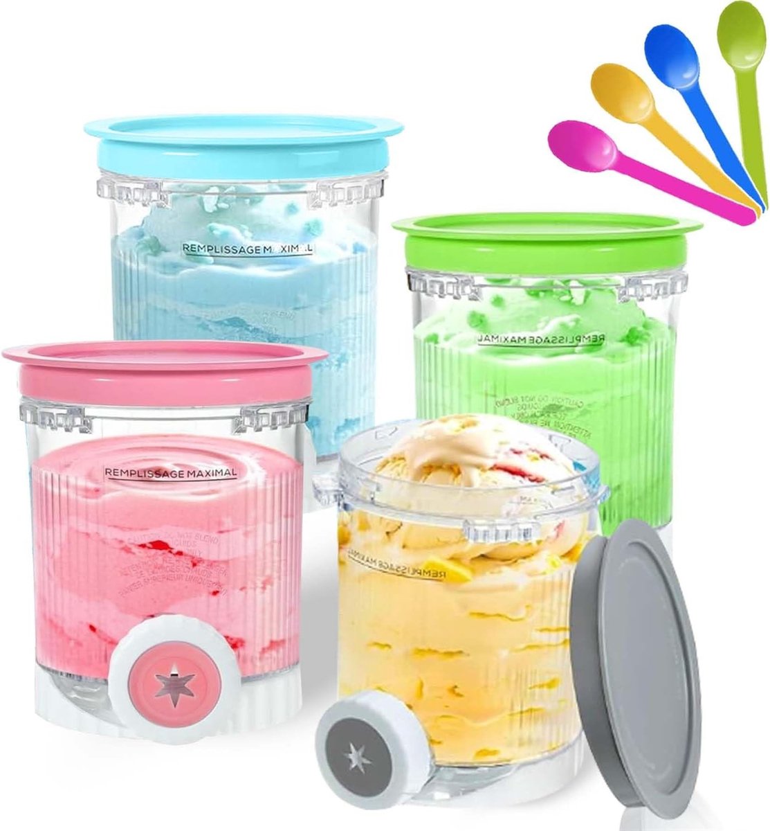 Houdt 4 Containers van 480ml voor IJsbereiding - BPA-vrij, Vaatwasmachinebestendig en Kleurige Lepels - Ideale Accessoires voor IJs Makers