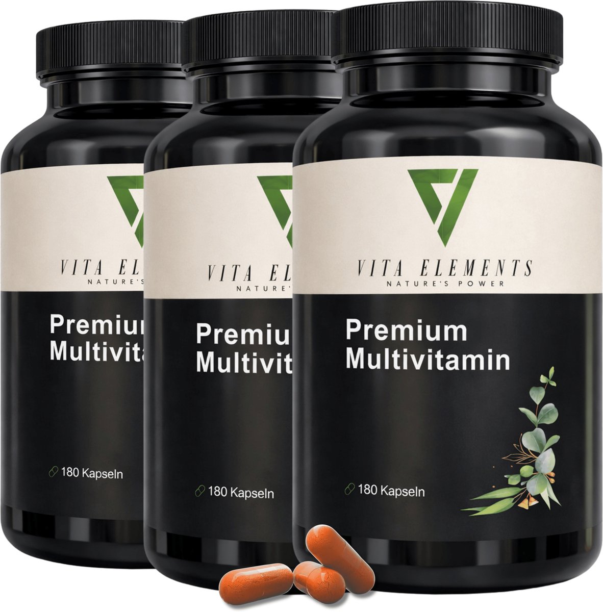 Vita Elements Premium Multivitamine Capsules - Vitamine A tot K2 met CoQ10, Zink en Selenium - Veganistisch - Suikervrij - 180 Capsules - Vol Spectrum Set van 3