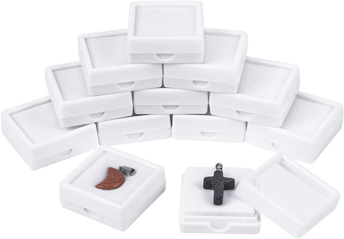 SnelShoppen - 24 Stuks Vitrine voor Edelstenen - Vierkante Sieradenopbergdoos met Duidelijke Deksel en Velvet Binnenkant - 40x40x15mm - Wit