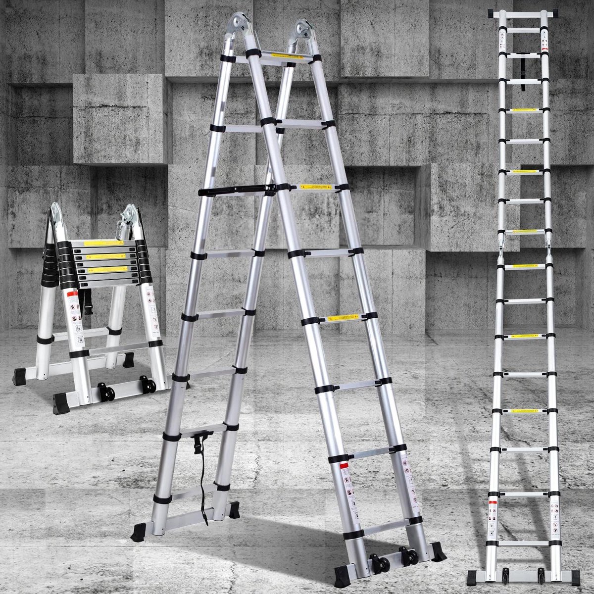 Telescoopladder Aluminium - Klapladder Vouwladder - Huishoudelijk Onderhoud - Veilig Vingerbescherming - 5 Meter Hoog - Zilver