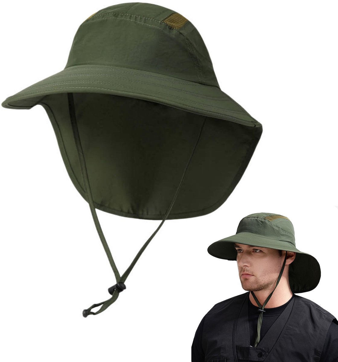 Zonnehoed Heren - Vissershoed met Nekbescherming - UV Outdoor Hoed - Safari Hoed voor Wandelen, Vissen, Camping en Trekking - Groen - M 56-58 cm