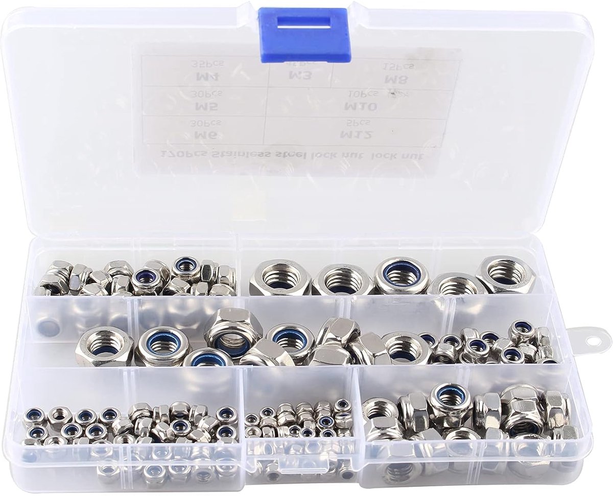 SnelShoppen - 170 Stuks Fuse Nuts 304 Roestvrij Staal Zelfvergrendelende Contramoeren Nylon Zeskantmoeren Assortiment Schroeven M3 M4 M5 M6 M8 M10 M12