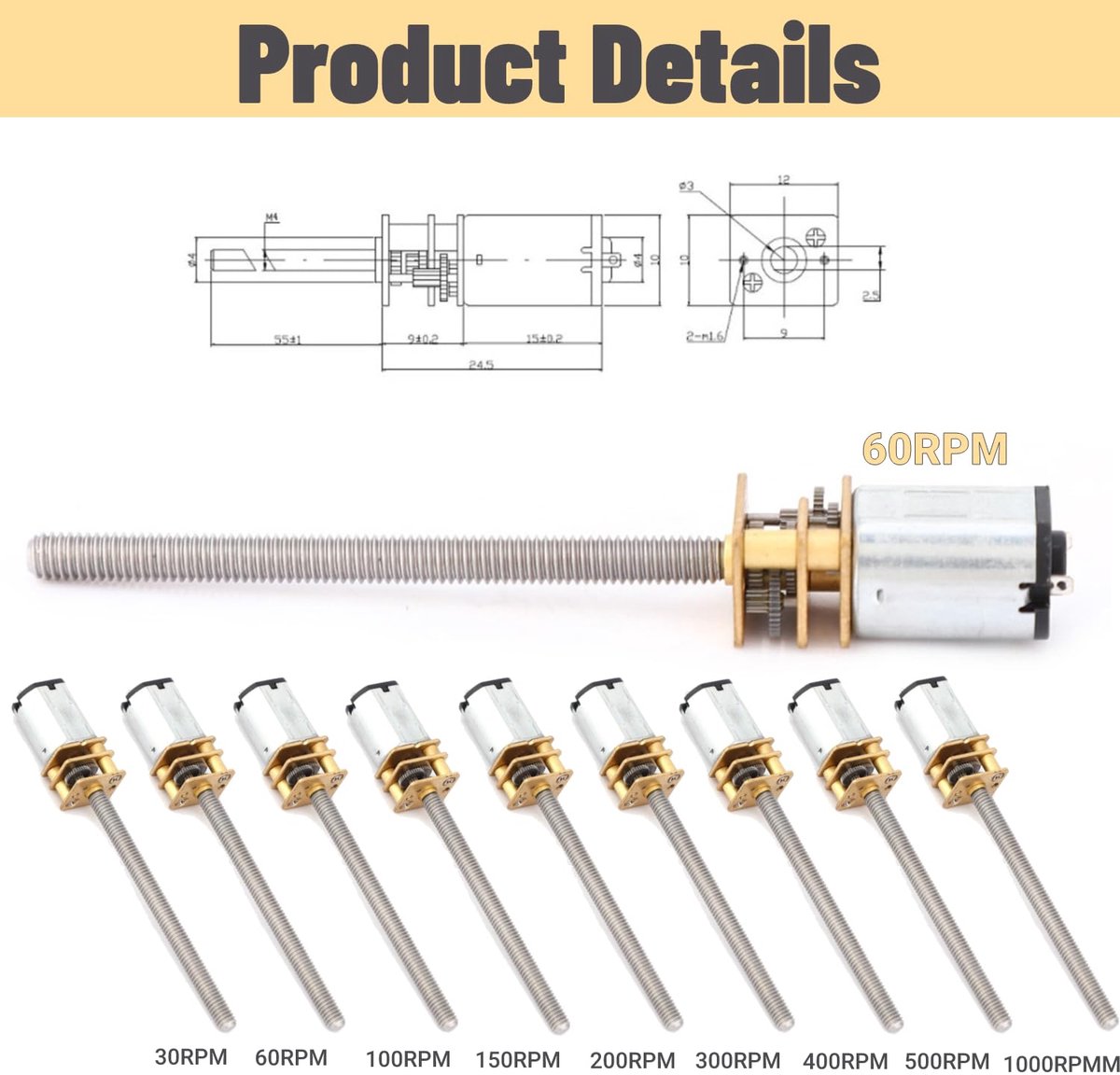 SnelShoppen - Gear Motor, Ball Screw Motor 12V, N20 Gear Motor met M4x55mm Spindel, Mini Geared Elektrische Motor voor Precisie Toepassingen en Hobbyp