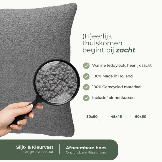 Een close-up van een grijs teddy kussen, met een vergrootglas dat de structuur van de stof laat zien. Ernaast informatie over de kenmerken.