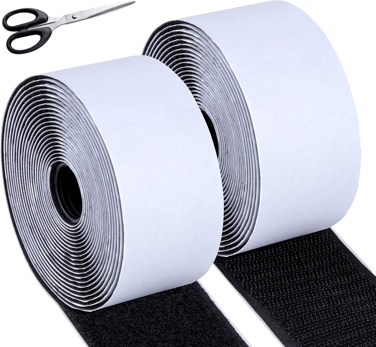 SnelShoppen - 5 m x 50 mm Hoge Kwaliteit Zelfklevende Tape + Schaar, 5 m Haak en 5 m Bevestigingsgesp, Zwart voor Organisatie, Schoonmaak, Bevestigen