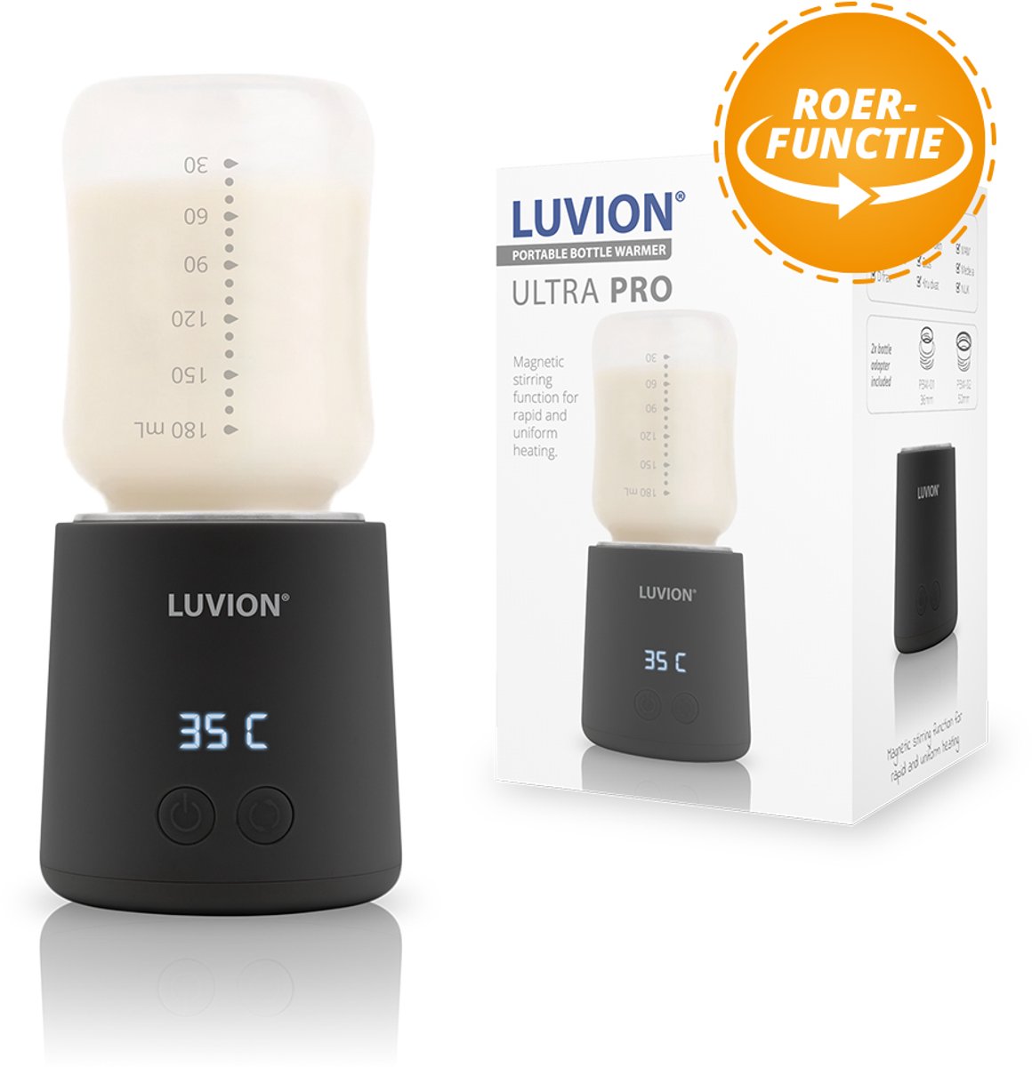 Bol.com LUVION® Draagbare Flessenwarmer Ultra Pro - Zwart - Speciale roerfunctie voor gelijkmatig opwarmen van borstvoeding en m... aanbieding