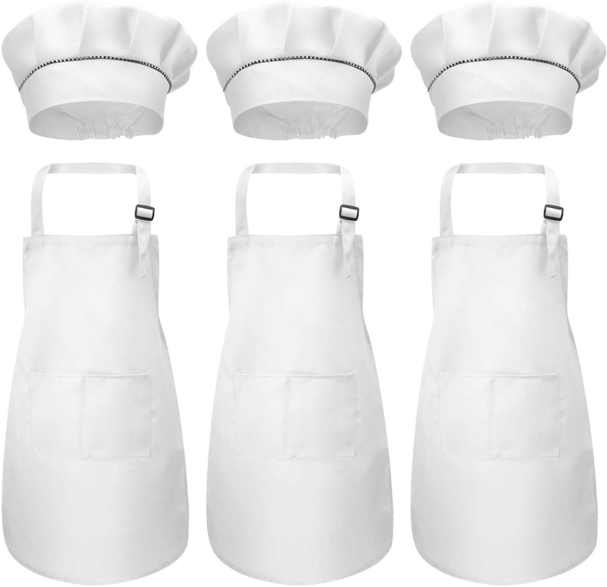 SnelShoppen - 6 Stuks Kinderschort en Chef Hoed, Aanpasbare Keuken Schorten met Zakjes voor Jongens en Meisjes, Bamboe Bakschorten voor Knutselen en S