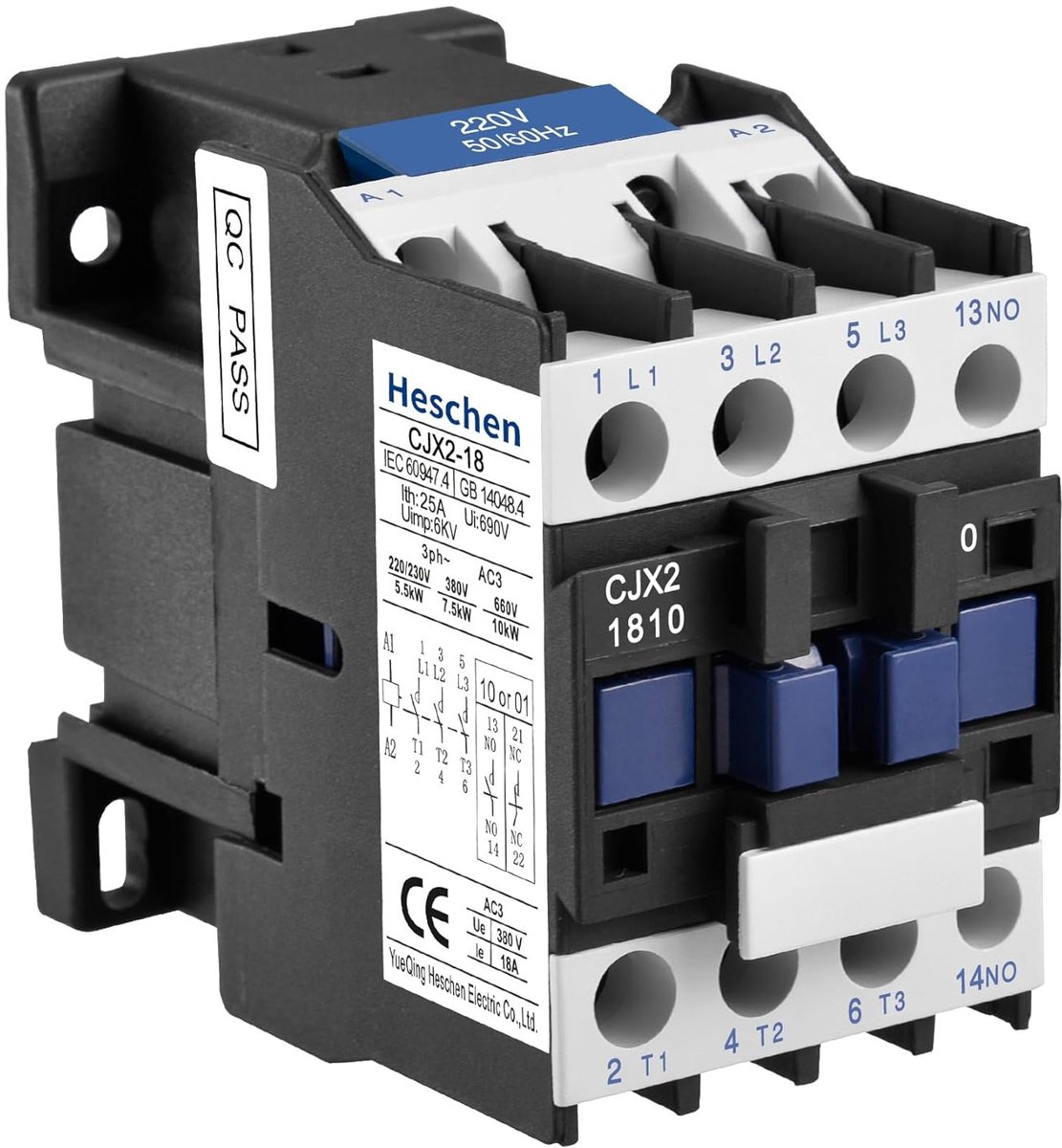 SnelShoppen - AC Magnetisch Schakelaar, CJX2-1810, 220V 50/60Hz Spoel, 3 Polen, Normaal Open, Ie 18A, Ue 380V, DIN Rail Montage