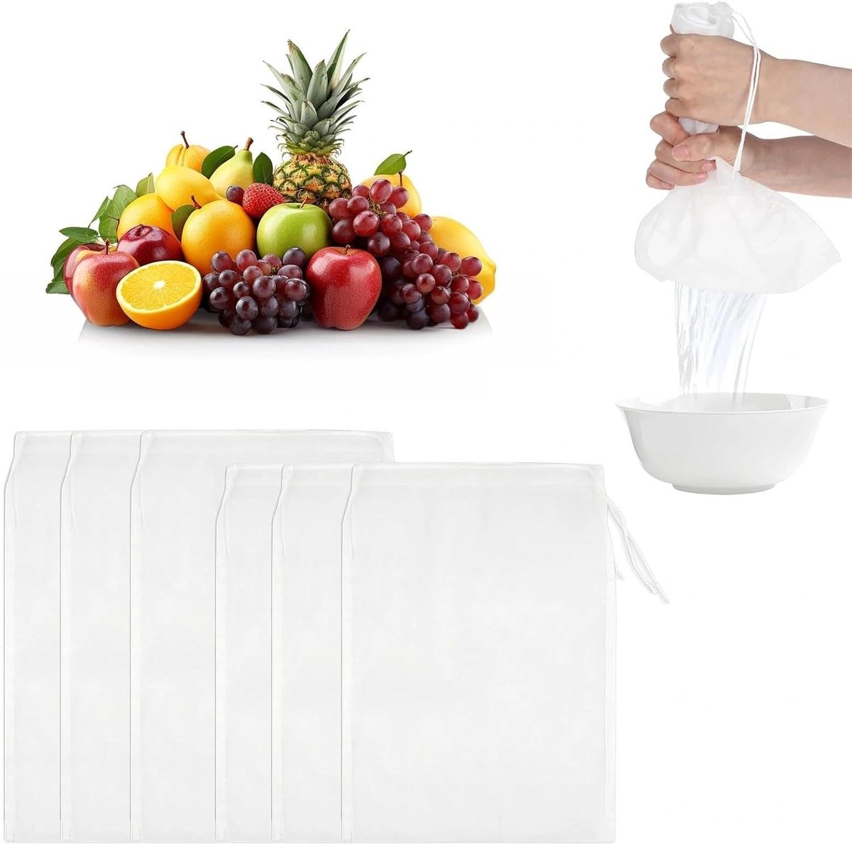 Herbruikbare Groentemelkzakken - 6 Stuks Nylon Fruit- en Sapfilter, 30x20cm, Ideaal voor Notenmelk, Koffie en Sappen