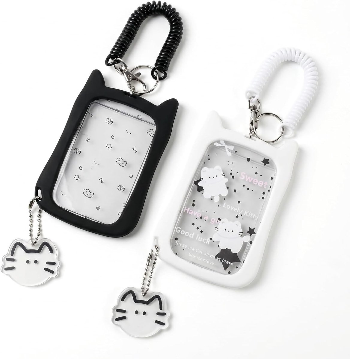 2 Stuks Schattige Kat Foto Kaarthouders van Duidelijk Plastic met Lanyard voor School ID en Foto's, 4.5x3.2" (Zwart, Wit) - Perfect voor Kinderen en Organisatie