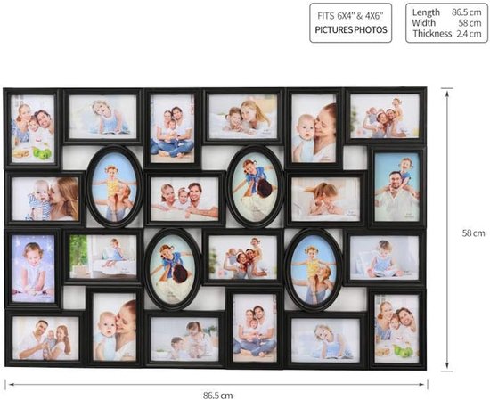 Zwarte fotolijst van 86.5 x 58 cm met 25 vakken voor foto's van verschillende formaten.