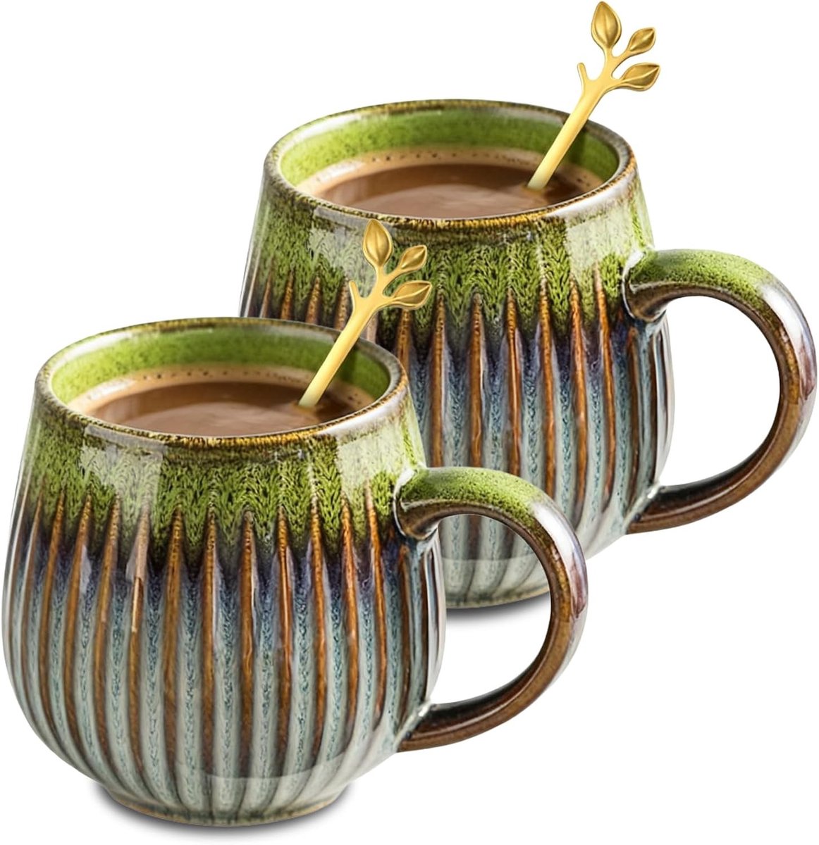 Grote Porseleinen Koffiekopjes 500ml, Set van 2, Vintage Theekopjes met Gouden Lepel, Ideaal voor Cappuccino en Latte
