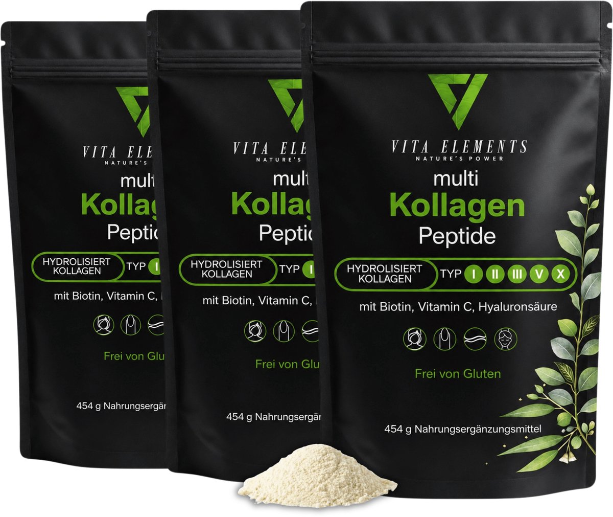 Vita Elements Collageen Peptiden Poeder - 5 Soorten Collageen met Biotine, Vitamine C en Hyaluronzuur - voor Huid, Haar en Nagels - 454 g - Getest - Set van 3