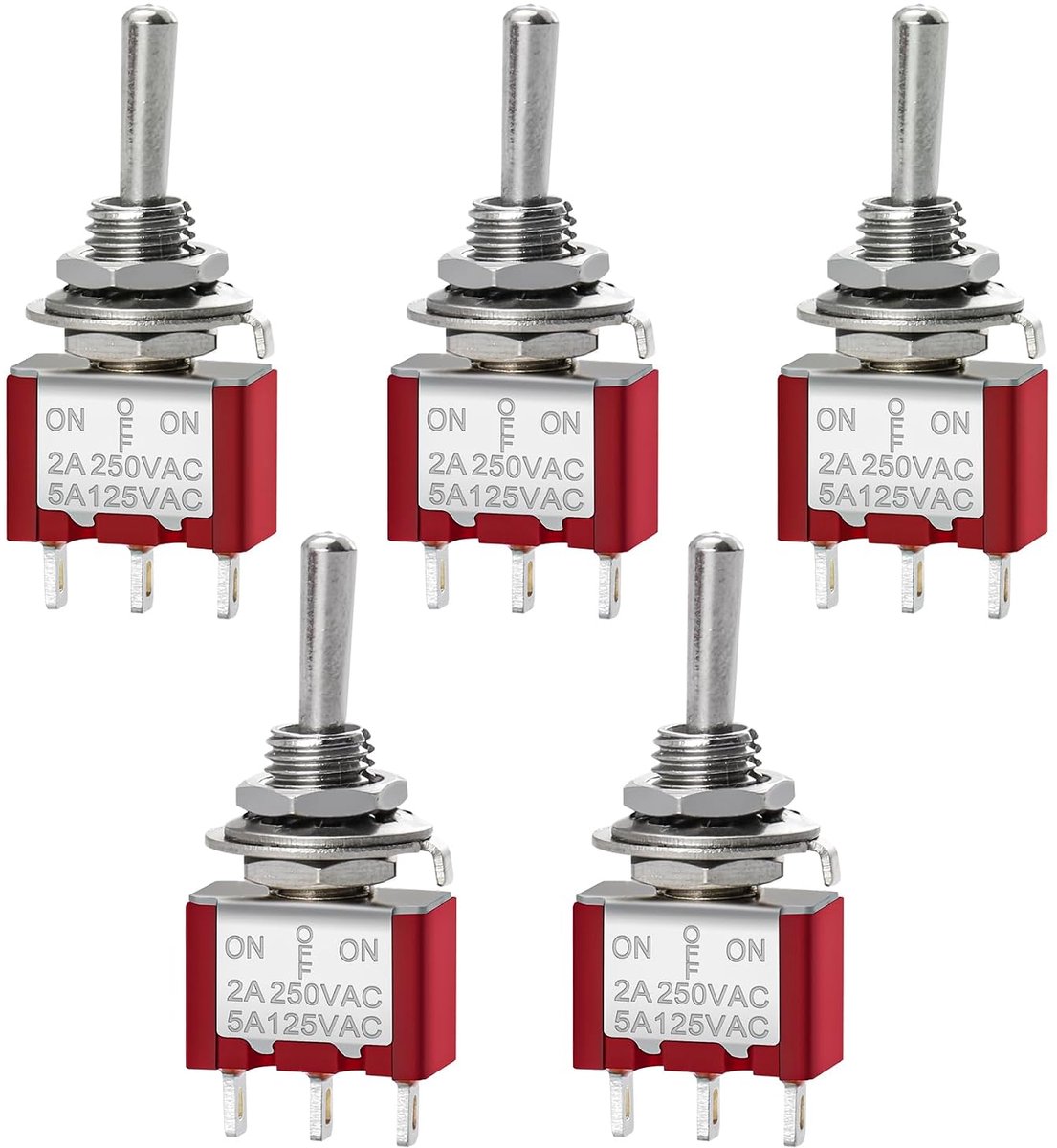 SnelShoppen - Mini Toggle Knop (ON)-OFF-(ON) SPDT, 5 Stuks, 2A 250V, 5A 120V, 3-Pin, Voor Elektronische Toepassingen, Hoogwaardige Kwaliteit