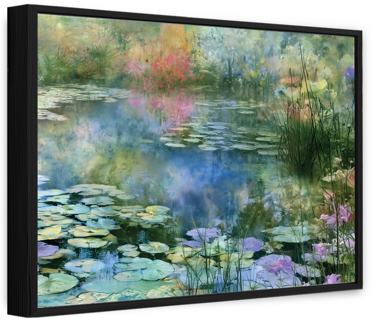 WALLARENA Canvas schilderij met zwarte lijst 90x60 cm - bosvijver met waterlelies Groen