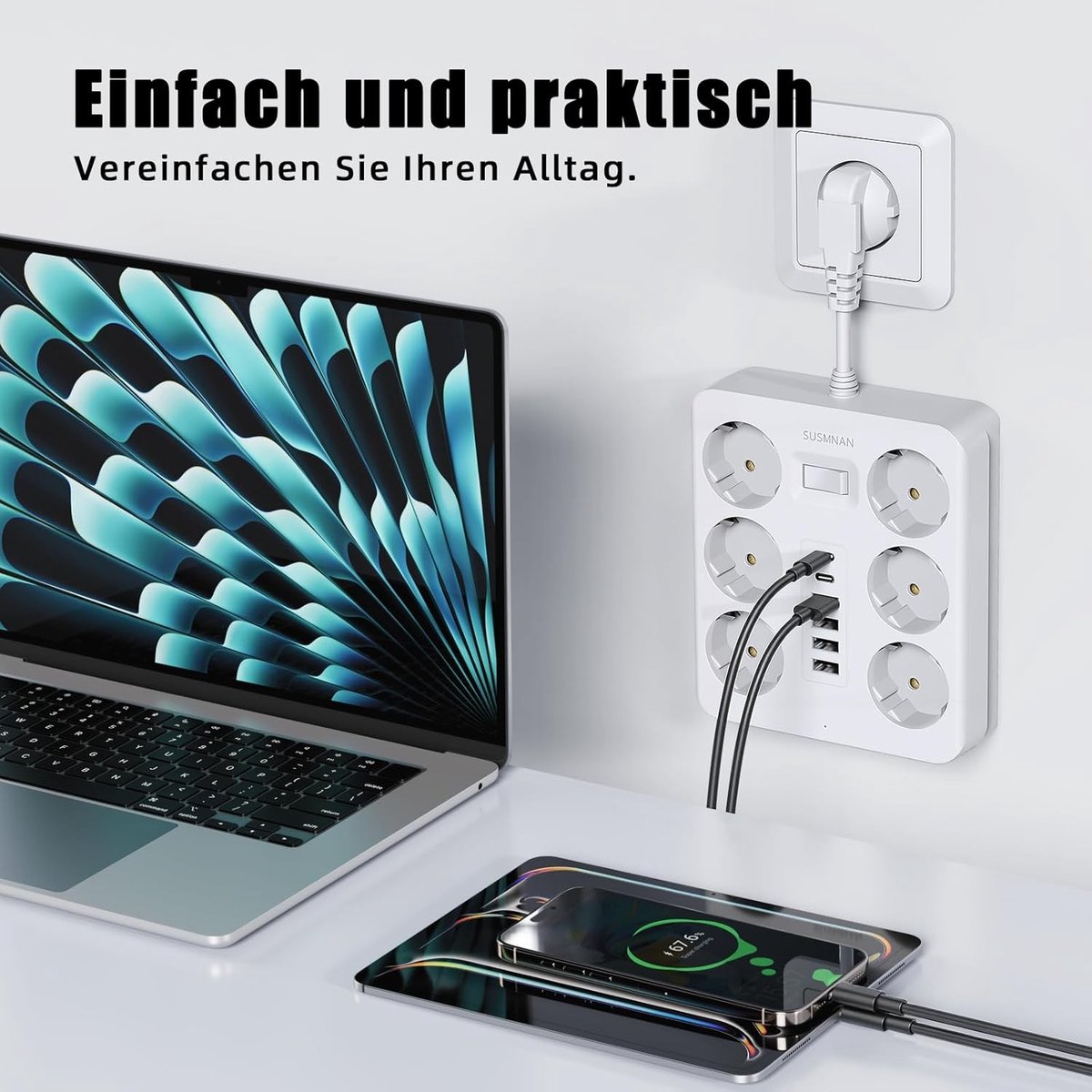 Stekkerdoos met 6 USB-poorten - Wit - 2500 W/10 A - Overspanningsbeveiliging - Voor Thuis en Kantoor