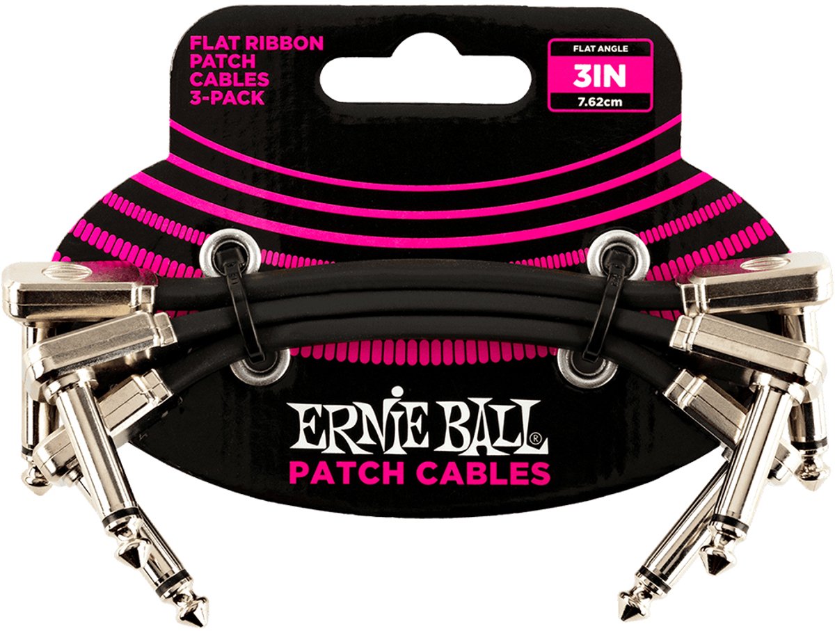 Ernie Ball Flat Ribbon - Patchkabel - Haaks naar Haaks - 7.5cm - Zwart - Metalen Behuizing - Pedalboard - 3-Pack