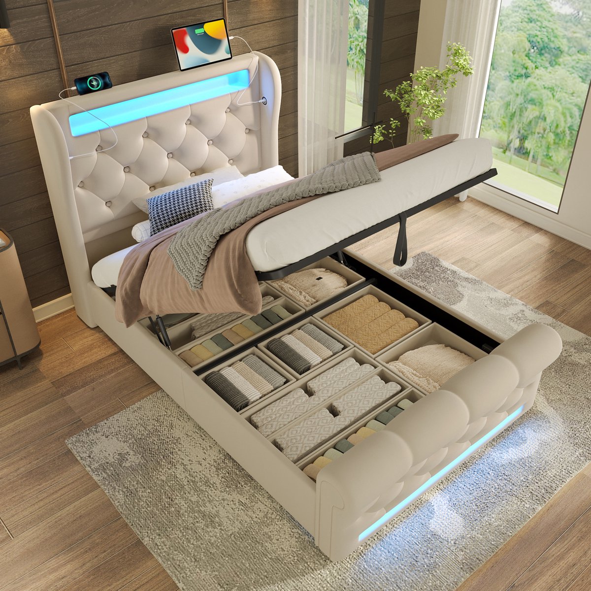 MEUNIQ eenpersoons bed 90x200 cm met LED-verlichting, hydraulische opbergruimte, USB en Type-C, gestoffeerd bedframe voor slaapkamer, beige
