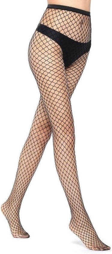 Zwarte visnet panty met een grove ruitpatroon, gedragen op benen.