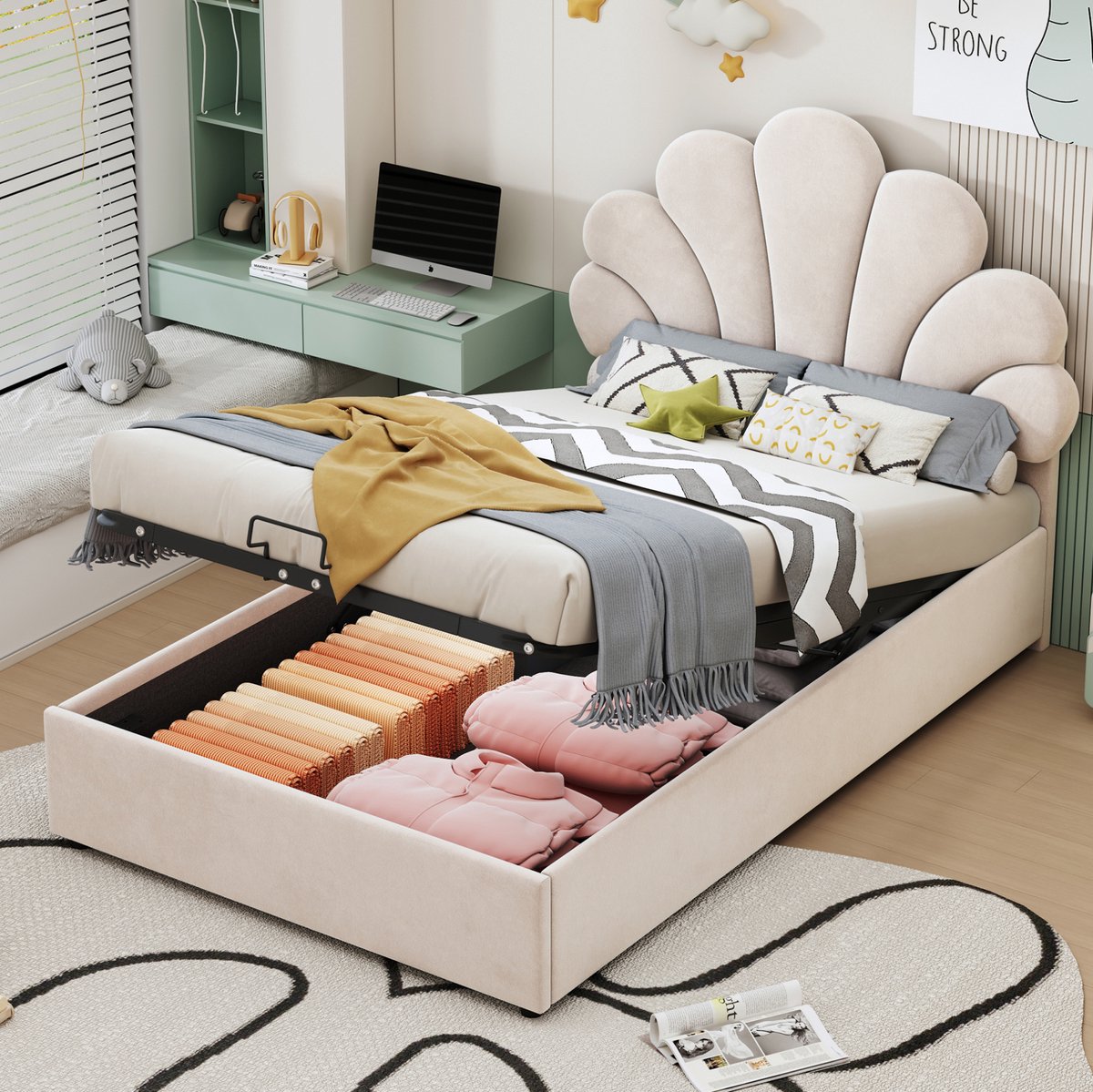 MEUNIQ Kinderbed 90 x 200 cm met bloemenvormig verstelbaar hoofdbord, lattenbodem en hydraulische opbergruimte, stoffen bed voor kinderkamer, beige
