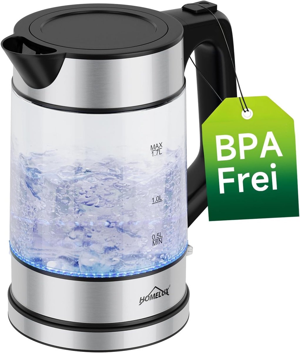 Glazen Waterkoker - Borosilicaatglas - 1,7 Liter Inhoud - 2200 Watt Vermogen - Voor Huishoudens en Vergaderingen