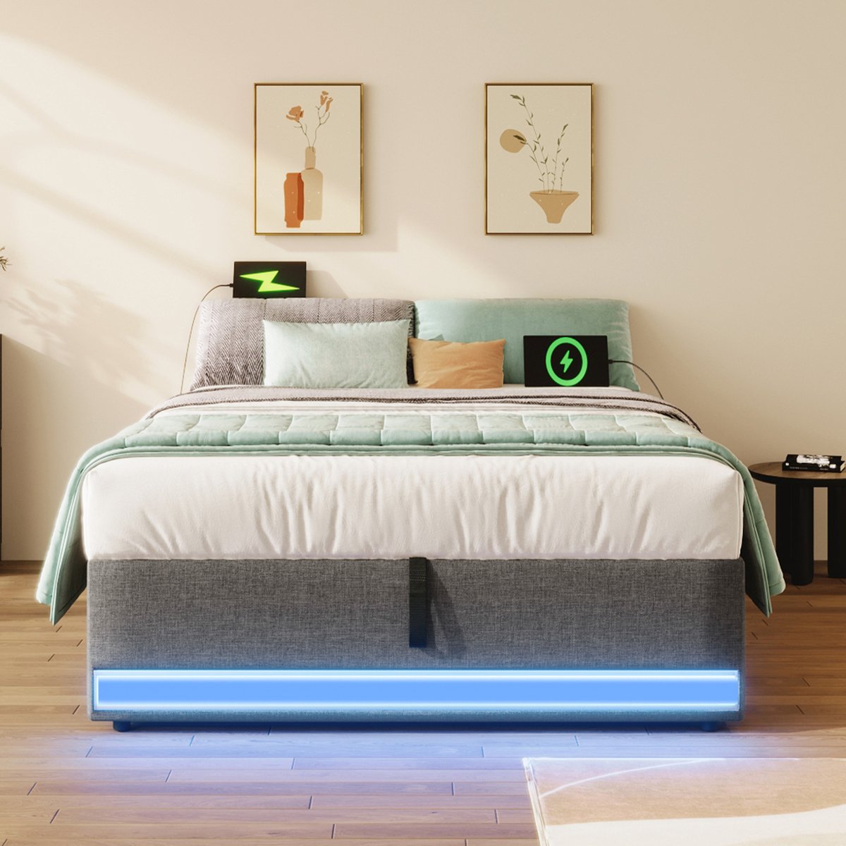 MEUNIQ gestoffeerd bed 90x200 cm met LED-verlichting, USB en Type-C, hydraulische opbergruimte en zijvakken, zonder hoofdbord, grijs