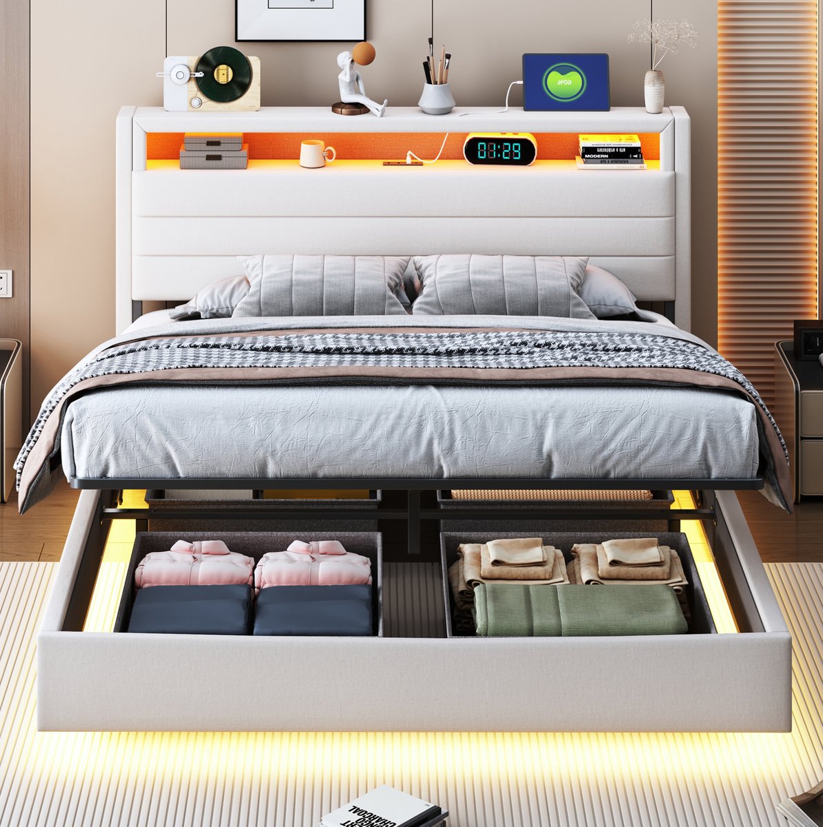 MEUNIQ Gestoffeerd bed 140 x 200 cm met hydraulische opbergruimte, USB-aansluiting, LED-verlichting en draaibaar hoofdbord - beige