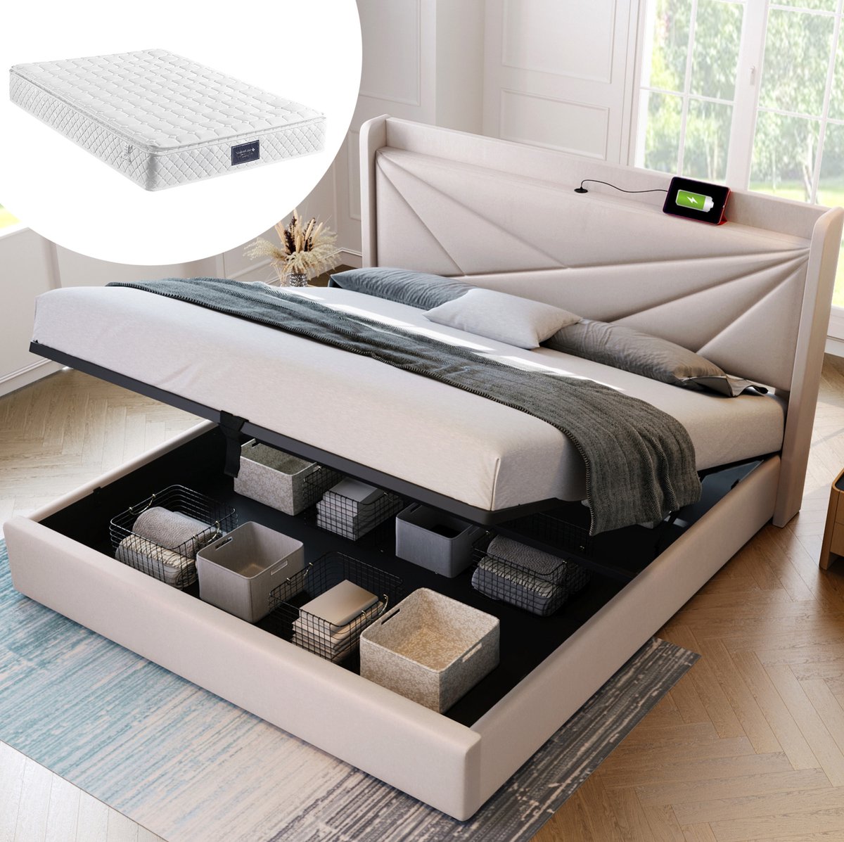 MEUNIQ tweepersoons opbergbed 160x200 met hoofdbord, USB en Type-C, lattenbodem en matras, bed met opbergruimte voor slaapkamer, beige