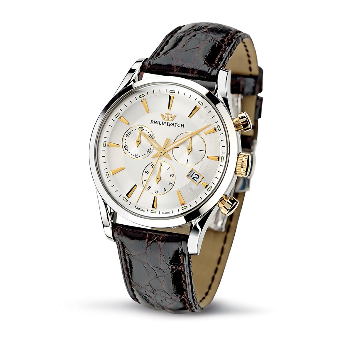 Philip Watch - Collezione Sunray - R8271908009 - Swiss Made - Chronograaf - Heren horloge - Zilver - Goud - Bruine Leren Band - 39 MM