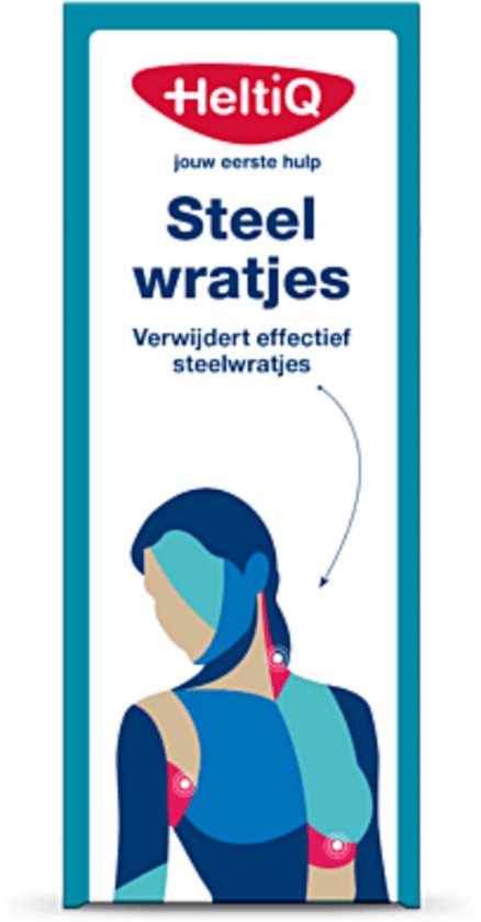 Blauwe verpakking met HeltiQ logo en tekst 'Steel wratjes'. Afbeelding van een vrouw, met pijlen naar nek en borst.