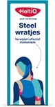 Blauwe verpakking met HeltiQ logo en tekst 'Steel wratjes'. Afbeelding van een vrouw, met pijlen naar nek en borst.