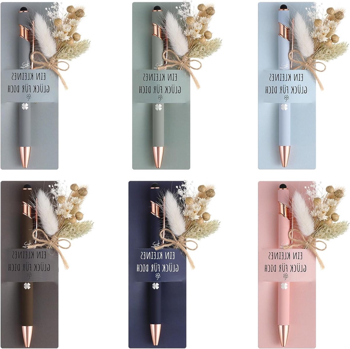 Bedankcadeaus voor Collega's en Teamleden met Gravure en Gedroogde Bloemen - 6 Sets Unieke Pennenhouder en Touchscreenpen