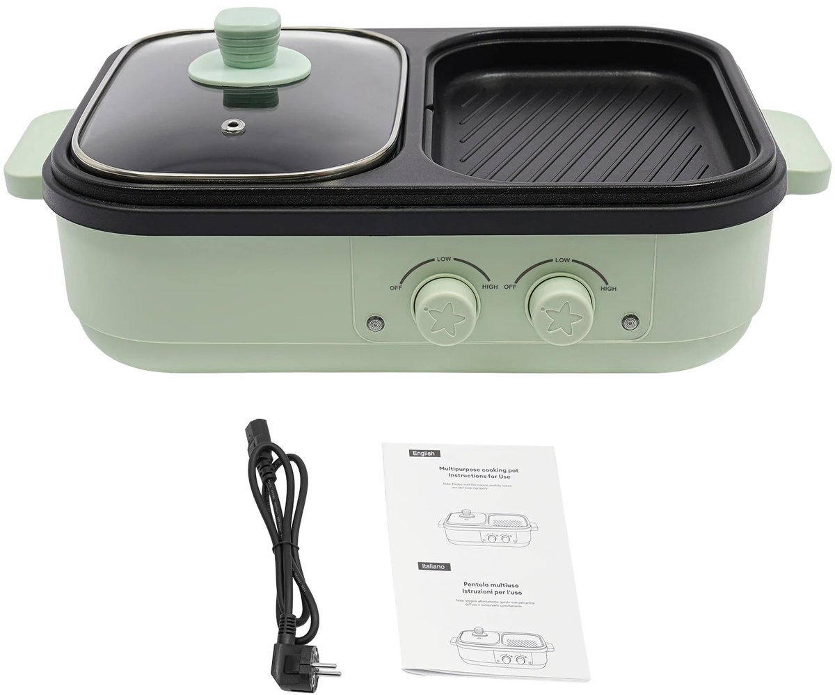 DPLUNIQ Hotpot - Tafelgrill - Multicooker - Grillplaat - 2-in-1 - Dubbele Temperatuurregeling - 1300W - 42x27x15cm - Licht Groen