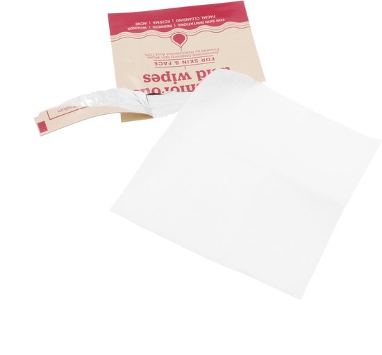 Een enkele hypo-chloorzuur doekje, geopend, met een witte doek en een rode en beige verpakking.