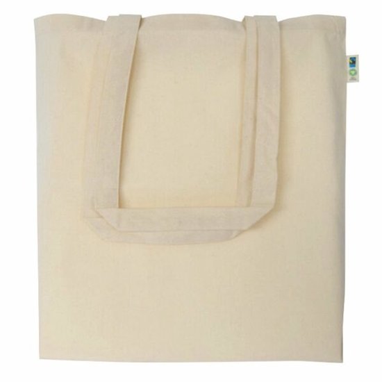 Sac fourre-tout en coton écru avec longues anses et label Fairtrade.