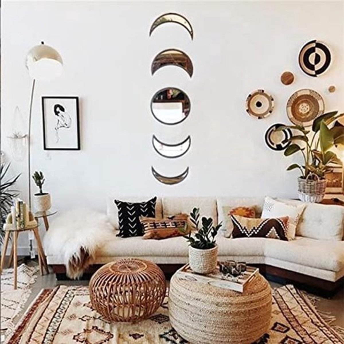 Zeynomax - Maanfase Spiegelset - Decoratieve Muurdecoratie - Grijs/Wit - Boheemse