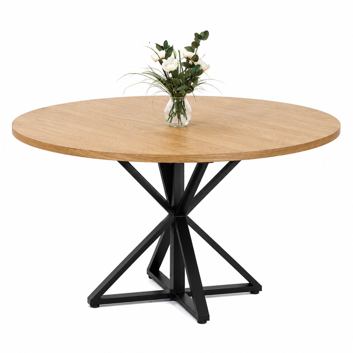 Home & Beyond® Ronde Eettafel 120 cm - Industriële Eettafel voor 4 tot 6 Personen - Houtlook MDF - Zwart Metalen Kruispoot - Eikenkleur