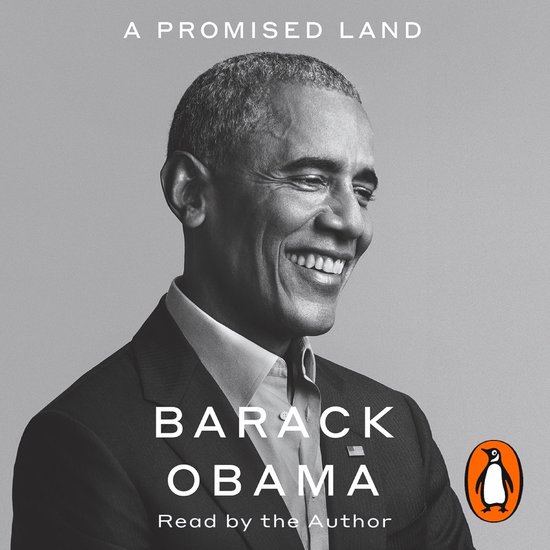 Zwart-wit portret van Barack Obama, met de tekst "A PROMISED LAND" en "BARACK OBAMA Read by the Author".