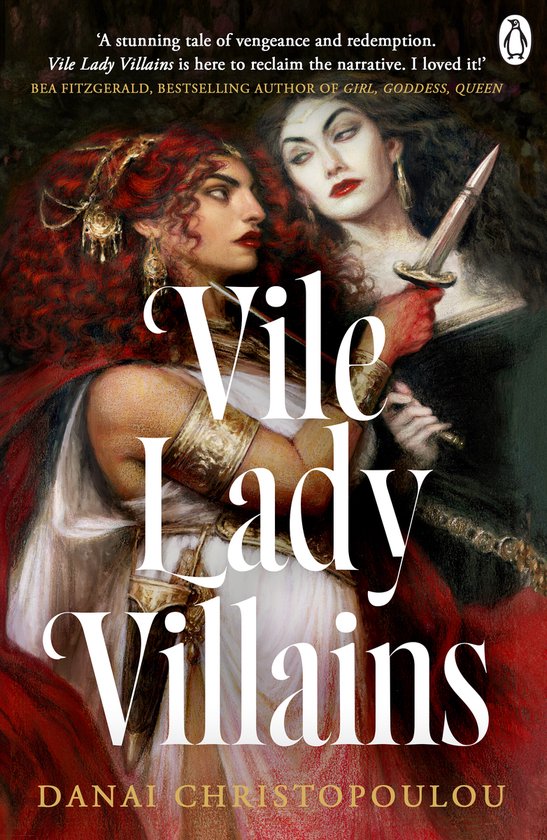 Couverture du livre 'Vile Lady Villains'. Deux femmes aux cheveux roux et bouclés, l'une avec des ornements dorés, l'autre tenant une dague.