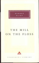 Boekcover van 'The Mill on the Floss' door George Eliot, met een gedecoreerd rood vlak met de titel en auteur, op een crèmekleurige achtergrond met een geel rasterpatroon.