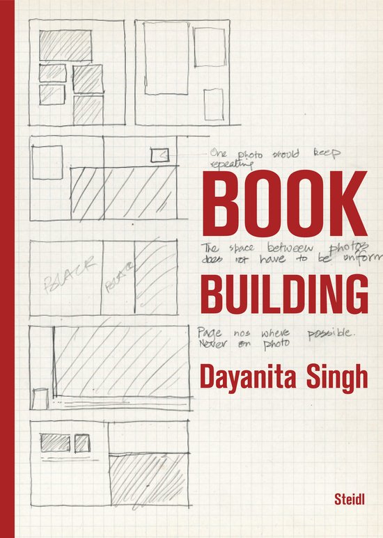 Schetsen van boekpagina's met de titel 'BOOK BUILDING' door Dayanita Singh.