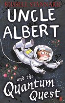 Boekomslag: Russell Stannard, Uncle Albert and the Quantum Quest. Een jongen in een astronautenpak zweeft in de ruimte, met atoomstructuren om hem heen.