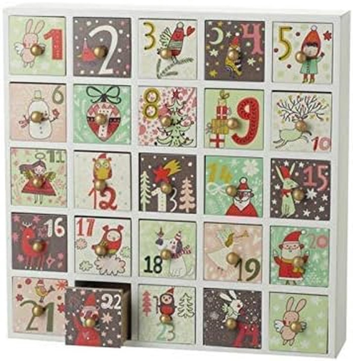 Herbruikbare Adventskalender - Houten Kalender - Kerst aftellen - Met 25 schuifladen - 28 x 28 cm - Kerstkleuren