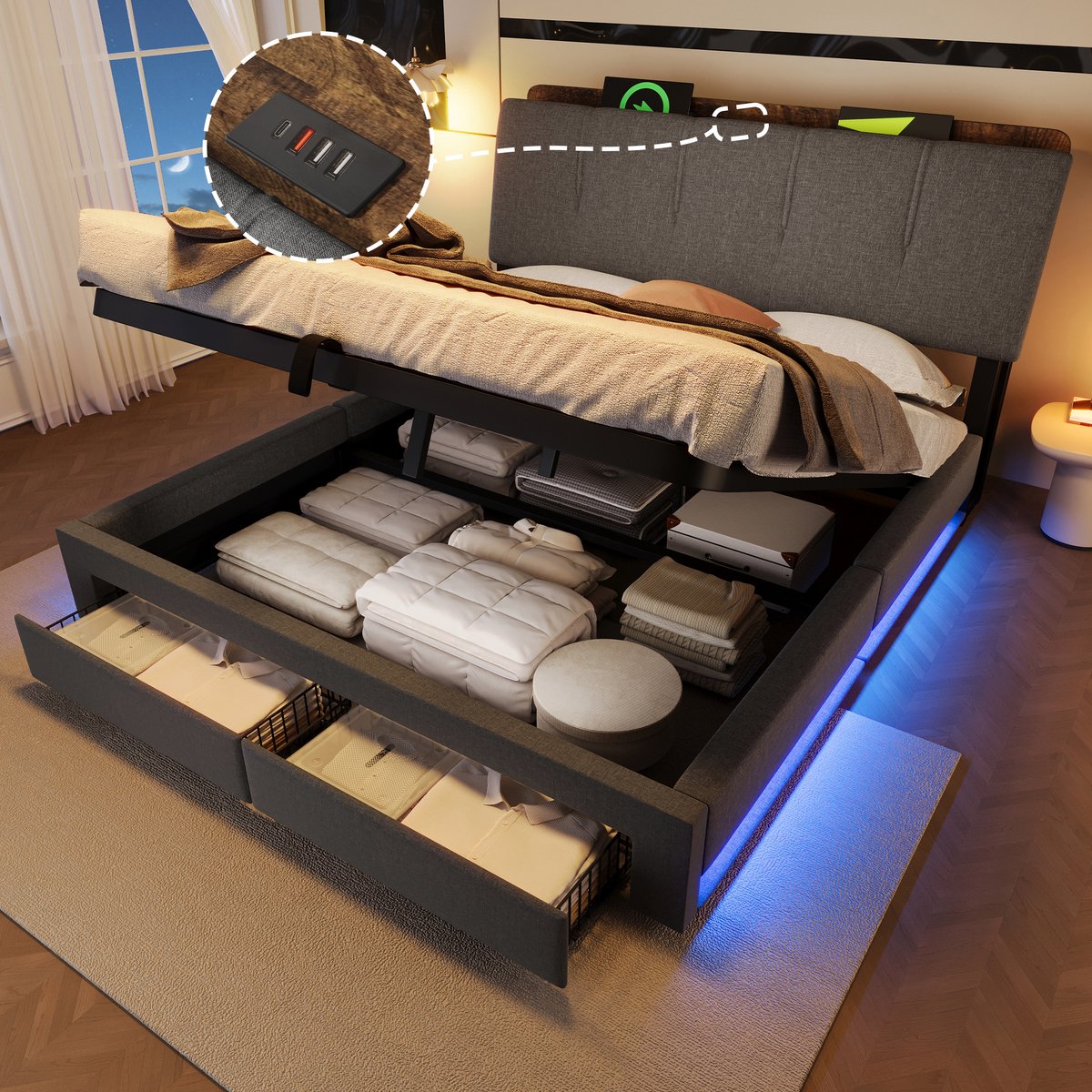 Merax Gestoffeerd bed 140x200 cm - met USB Type-C oplaadfunctie - met opbergruimte en LED-verlichting - grijs - zonder matras
